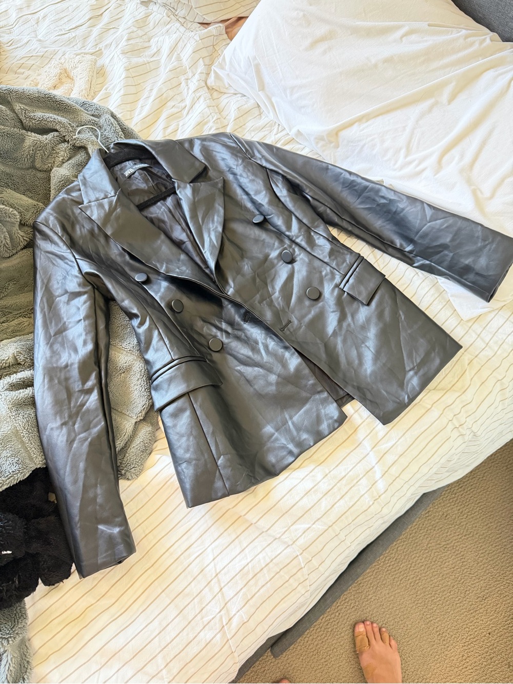 Zara Black Faux Leather Double-Breasted Blazer M